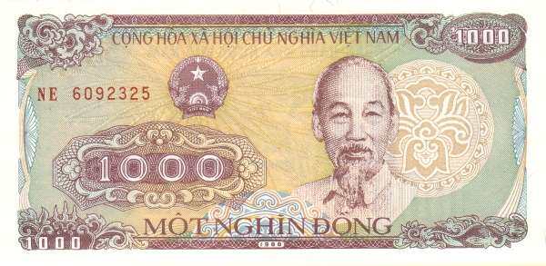 越南 Pick 106 1988年版1000 Dong 纸钞 134x65