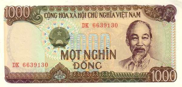 越南 Pick 102 1987年版1000 Dong 纸钞 