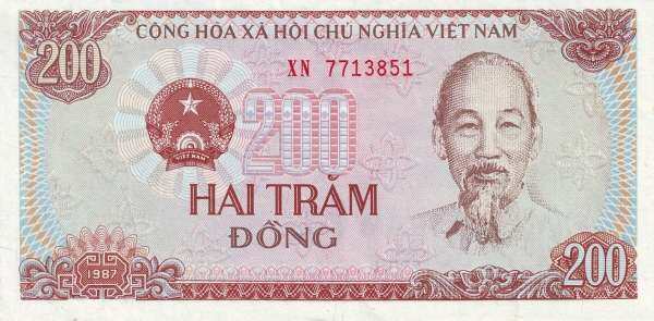 越南 Pick 100 1987年版200 Dong 纸钞 130x65