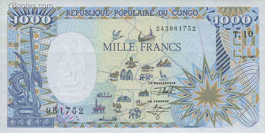 刚果共和国 Pick 10c 1991年版1000 Francs 纸钞 