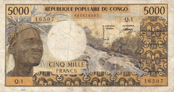 刚果共和国 Pick 04b ND1974-78年版5000 Francs 纸钞 