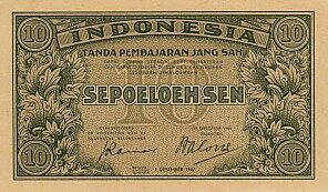印度尼西亚 Pick 031 1947年版10 Sen 纸钞 