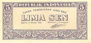 印度尼西亚 Pick 014 1945年版5 Sen 纸钞 