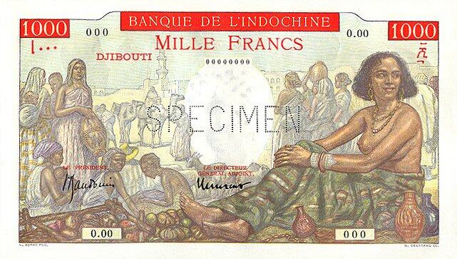 吉布提 Pick 10As ND1938年版1000 Francs 纸钞 