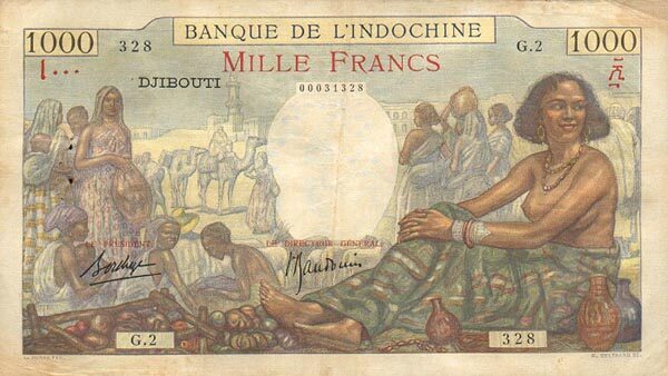吉布提 Pick 10 ND1938年版1000 Francs 纸钞 