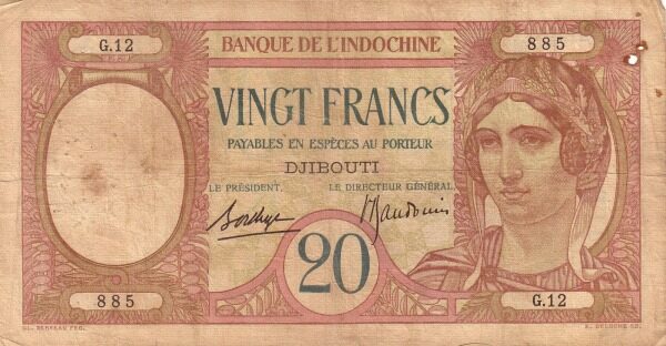 吉布提 Pick 07b ND1928-1938年版20 Francs 纸钞 