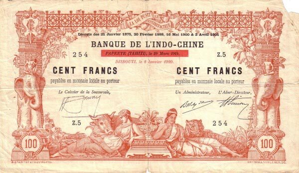 吉布提 Pick 04 1920.1.2年版100 Francs 纸钞 
