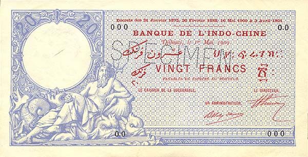 吉布提 Pick 02s 1909年版20 Francs 纸钞 