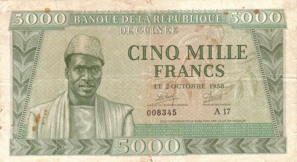 几内亚 Pick 10 1958.10.2年版5000 Francs 纸钞 
