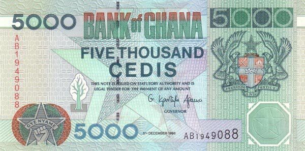 加纳 Pick 34a 1996.12.5年版5000 Cedis 纸钞 