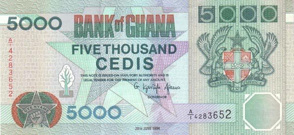 加纳 Pick 31a 1994.6.29年版5000 Cedis 纸钞 