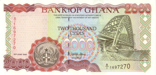 加纳 Pick 30 1994.6.15年版2000 Cedis 纸钞 