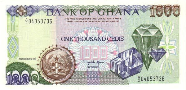 加纳 Pick 29a 1991.2.22年版1000 Cedis 纸钞 