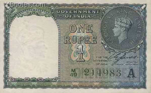 印度 Pick 025d 1940年版1 Rupee 纸钞 
