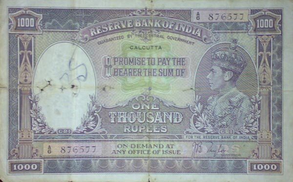 印度 Pick 021b ND1937年版1,000 Rupees 纸钞 