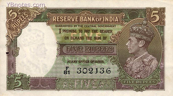 印度 Pick 018a ND1937年版5 Rupees 纸钞 