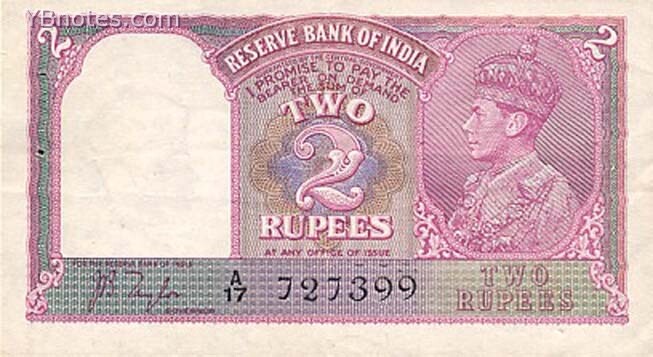 印度 Pick 017a ND1937年版2 Rupees 纸钞 