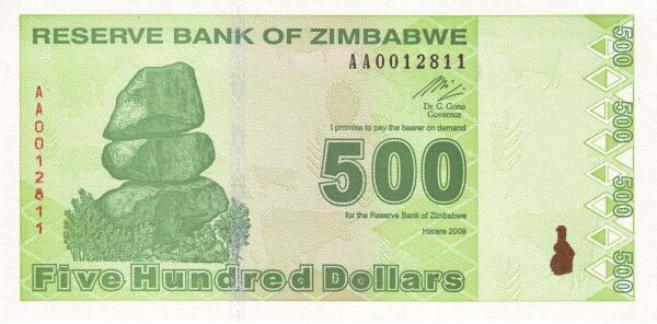 津巴布韦 Pick 98 2009年版500 Dollars 纸钞 