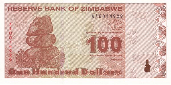 津巴布韦 Pick 97 2009年版100 Dollars 纸钞 
