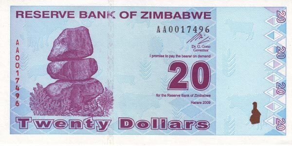津巴布韦 Pick 95 2009年版20 Dollars 纸钞 