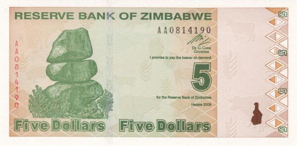 津巴布韦 Pick 93 2009年版5 Dollars 纸钞 