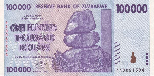 津巴布韦 Pick 75 2008年版100,000 Dollars 纸钞 