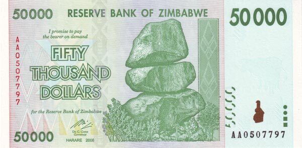 津巴布韦 Pick 74 2008年版50000 Dollars 纸钞 153x76