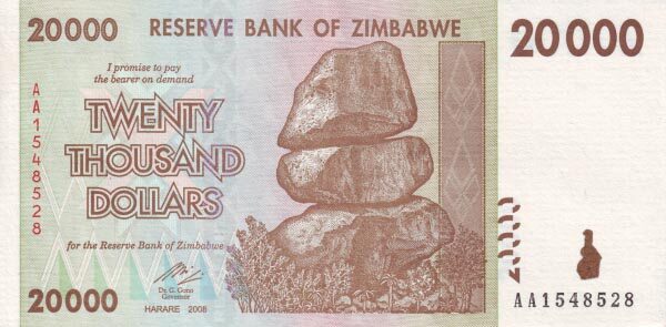 津巴布韦 Pick 73 2008年版20000 Dollars 纸钞 153x76