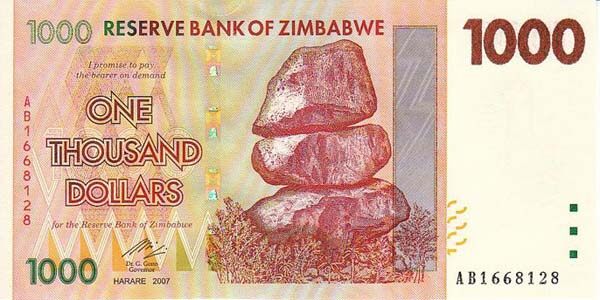津巴布韦 Pick 71 2007(2008)年版1000 Dollars 纸钞 153x76