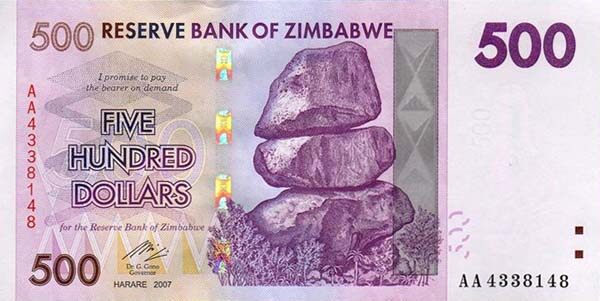 津巴布韦 Pick 70 2007(2008)年版500 Dollars 纸钞 150x75