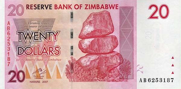 津巴布韦 Pick 68 2007(2008)年版20 Dollars 纸钞 
