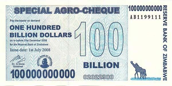 津巴布韦 Pick 64 2008年版100,000,000,000 Dollars 纸钞 148x74