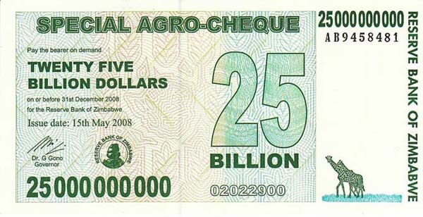 津巴布韦 Pick 62 2008年版25,000,000,000 Dollars 纸钞 152.5x77.5
