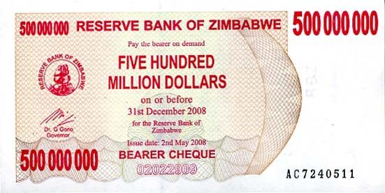 津巴布韦 Pick 60 2008年版500,000,000 Dollars 纸钞 
