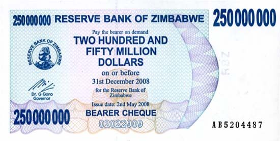 津巴布韦 Pick 59 2008年版250,000,000 Dollars 纸钞 152.5x77.5