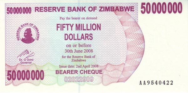 津巴布韦 Pick 57 2008.4.2年版50,000,000 Dollars 纸钞 
