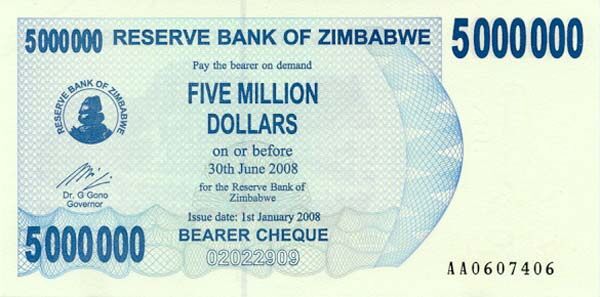 津巴布韦 Pick 54 2008.1.1年版5,000,000 Dollars 纸钞 