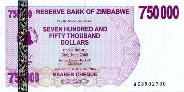 津巴布韦 Pick 52 2007.12.31年版750,000 Dollars 纸钞 152.5x77.5