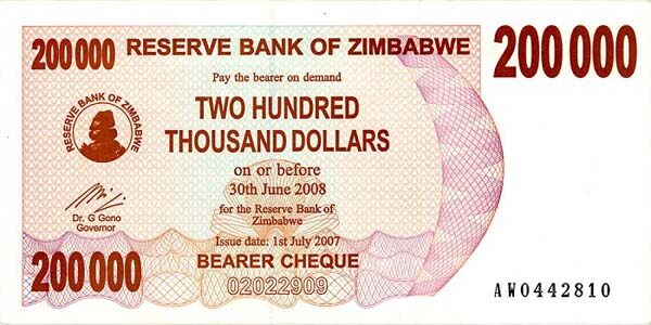 津巴布韦 Pick 49 2007.7.1年版200,000 Dollars 纸钞 