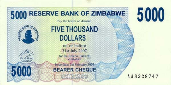 津巴布韦 Pick 45 2007年版5000 Dollars 纸钞 
