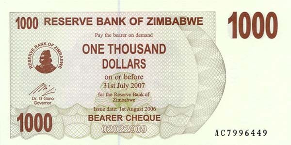 津巴布韦 Pick 44 2006.8.1年版1000 Dollars 纸钞 
