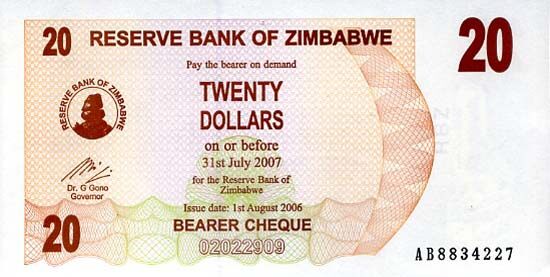 津巴布韦 Pick 40 2006.8.1年版20 Dollars 纸钞 