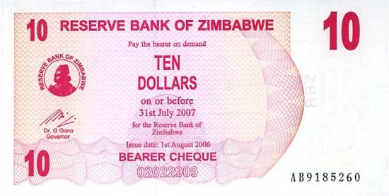 津巴布韦 Pick 39 2006.8.1年版10 Dollars 纸钞 