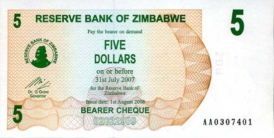 津巴布韦 Pick 38 2006.8.1年版5 Dollars 纸钞 