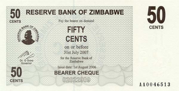 津巴布韦 Pick 36 2006.8.1年版50 Cents 纸钞 