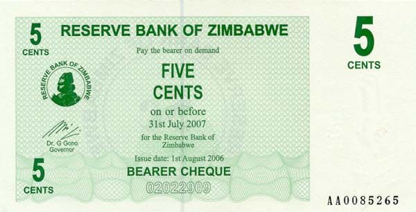 津巴布韦 Pick 34 2006.8.1年版5 Cents 纸钞 
