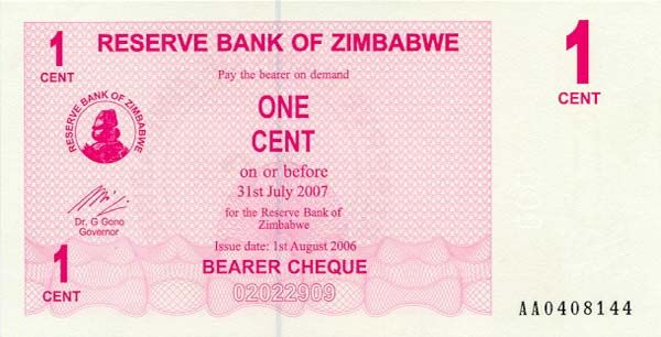 津巴布韦 Pick 33 2006.8.1年版1 Cent 纸钞 