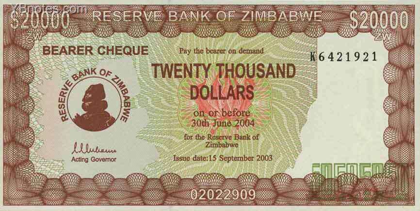 津巴布韦 Pick 23b 2003年版20,000 Dollars 纸钞 