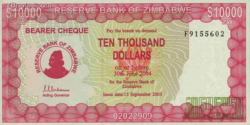 津巴布韦 Pick 22b 2003年版10,000 Dollars 纸钞 