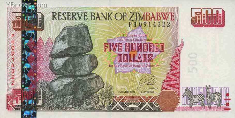 津巴布韦 Pick 10 2001年版500 Dollars 纸钞 155X78